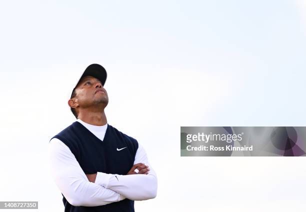 Tiger Woods of The United States looks on from the 14th during Day One of The 150th Open at St Andrews Old Course on July 14, 2022 in St Andrews,...