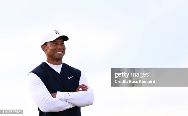 Tiger Woods of The United States looks on from the 14th during Day One of The 150th Open at St Andrews Old Course on July 14, 2022 in St Andrews,...