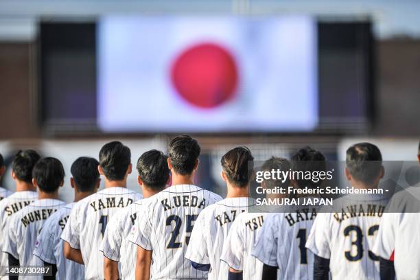 Players of Japan in action prior to the Netherlands v Japan game during the Honkbal Week Haarlem at the Pim Mulier Stadion on July 14, 2022 in...