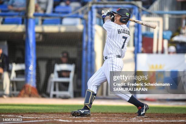 Takuya Hiruma of Japan in action during the Netherlands v Japan game during the Honkbal Week Haarlem at the Pim Mulier Stadion on July 14, 2022 in...