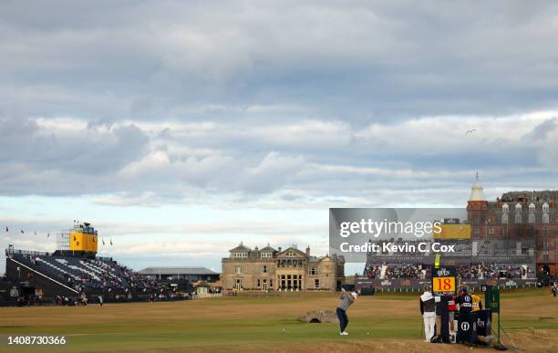 Joaquin Niemann of Chile tees off on the 18th hole during Day One of The 150th Open at St Andrews Old Course on July 14, 2022 in St Andrews, Scotland.