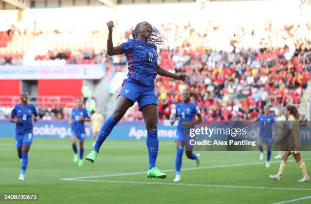 Kadidiatou Diani of France celebrates after scoring their team's first goal during the UEFA Women's Euro 2022 group D match between France and...