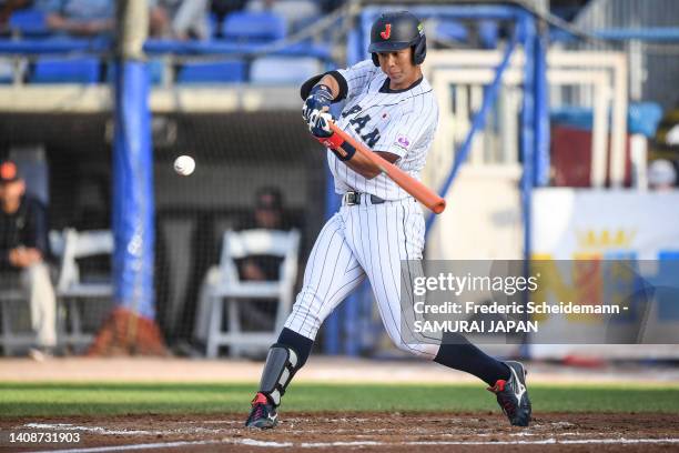 Kyuto Ueda of Japan bats in the Netherlands v Japan game during the Honkbal Week Haarlem at the Pim Mulier Stadion on July 14, 2022 in Haarlem,...