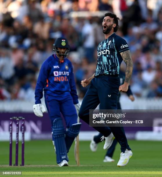 Reece Topley of England celebrates dismissing Prasidh Krishna of India during the 2nd Royal London Series One Day International between England and...