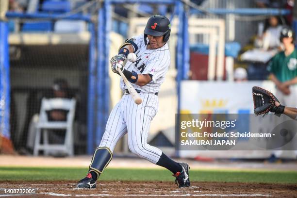 Kyuto Ueda of Japan bats in the Netherlands v Japan game during the Honkbal Week Haarlem at the Pim Mulier Stadion on July 14, 2022 in Haarlem,...