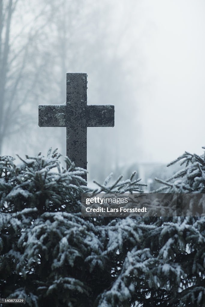 Cross in snowy field