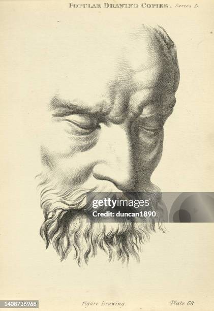 sketching human face, detail of mature man's face, eyes closed, beard, victorian art figure drawing copies 19th century - eyes closed stock illustrations