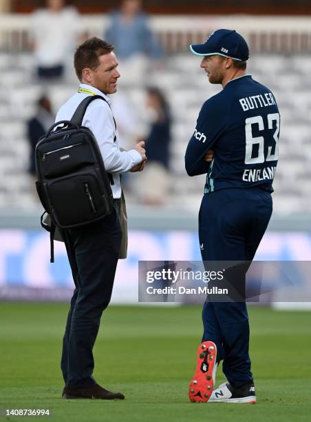 Former England Captain, Eoin Morgan talks with Jos Buttler of England following the 2nd Royal London Series One Day International between England and...