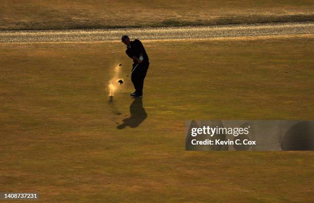 David Duval of the United States plays a shot on the eighteenth hole during Day One of The 150th Open at St Andrews Old Course on July 14, 2022 in St...