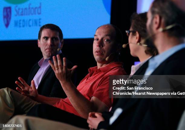From left, Colin Mahony, Stephen Quake, Julia Salzman and Michael Snyder appear on a panel discussion during the morning session of the Big Data in...