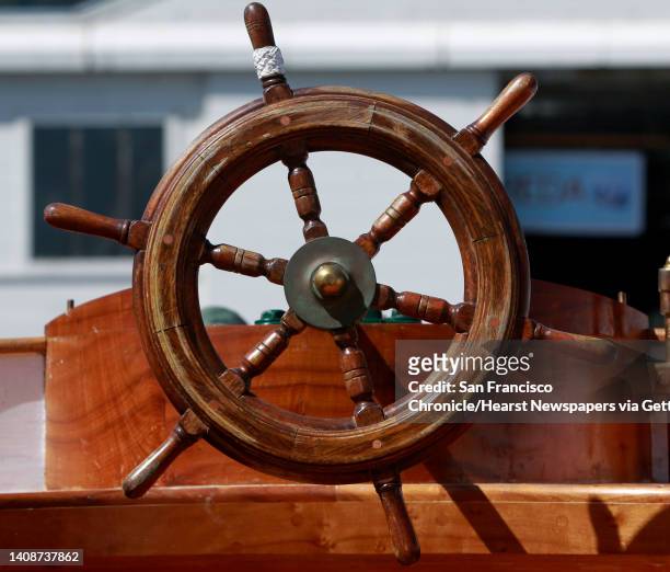 The helm of the historic yacht Freda is seen at the Spaulding Wooden Boat Center in Sausalito, Calif. On Thursday, May 29, 2014. The Freda, the...