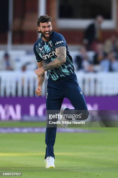 Reece Topley of England celebrates after dismissing Prasidh Krishna of India for his sixth wicket during the 2nd Royal London Series One Day...