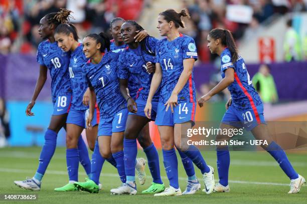 Griedge Mbock Bathy of France celebrates with teammates after scoring their team's second goal during the UEFA Women's Euro 2022 group D match...