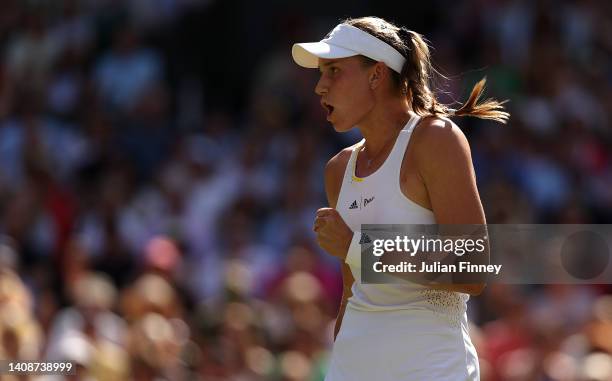 Elena Rybakina of Kazakhstan celebrates against Ons Jabeur of Tunisia during the Ladies' Singles Final match on day thirteen of The Championships...