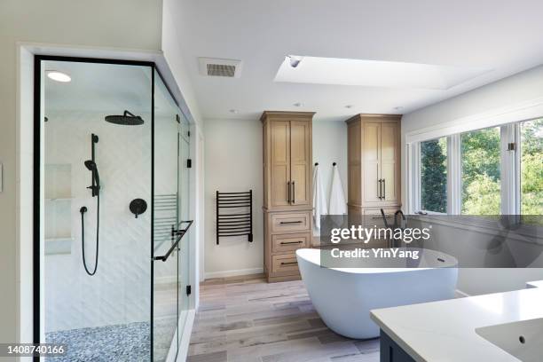 contemporary bathroom design with freestanding bathtub and shower stall - bathroom bathtub stock pictures, royalty-free photos & images