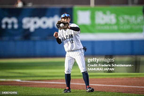 Takuma Hayashi of Japan in action during the Netherlands v Japan game during the Honkbal Week Haarlem at the Pim Mulier Stadion on July 14, 2022 in...