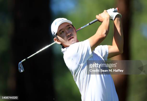 Seung-Yul Noh of South Korea plays his shot from the seventh tee during the first round of the Barracuda Championship at Tahoe Mountain Club on July...