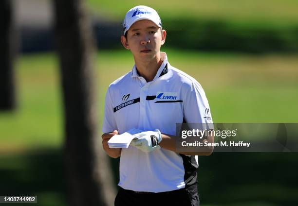Seung-Yul Noh of South Korea prepares to play a shot on the sixth hole during the first round of the Barracuda Championship at Tahoe Mountain Club on...