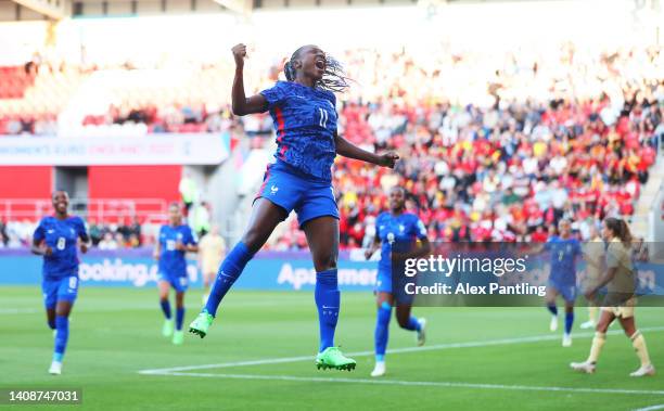 Kadidiatou Diani of France celebrates after scoring their team's first goal during the UEFA Women's Euro 2022 group D match between France and...