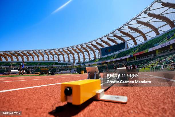 Detail view of a seiko starting block is seen ahead of the IAAF World Athletics Championships Oregon22 at Hayward Field on July 14, 2022 in Eugene,...