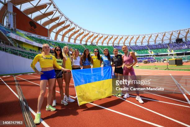 Members of Team Ukraine pose for photos ahead of the IAAF World Athletics Championships Oregon22 at Hayward Field on July 14, 2022 in Eugene, Oregon.