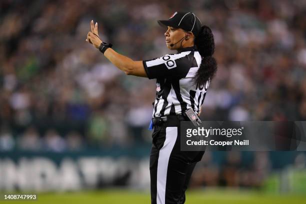 Line Judge Maia Chaka watches play during a NFL game between the Philadelphia Eagles and the Tampa Bay Buccaneers at Lincoln Financial Field on...