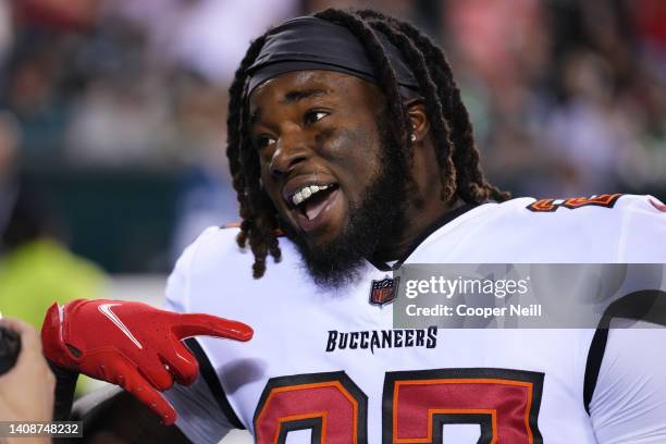 Ronald Jones II of the Tampa Bay Buccaneers reacts prior a NFL game against the Philadelphia Eagles at Lincoln Financial Field on October 14, 2021 in...