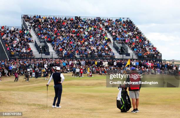 Tiger Woods of The United States waits by the 8th green during Day One of The 150th Open at St Andrews Old Course on July 14, 2022 in St Andrews,...