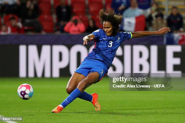 Wendie Renard of France shoots wide after having a penalty saved during the UEFA Women's Euro 2022 group D match between France and Belgium at The...