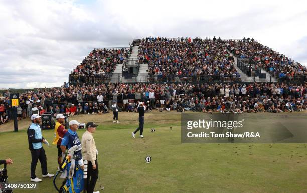 Tiger Woods of the United States plays his shot from the 11th tee during Day One of The 150th Open at St Andrews Old Course on July 14, 2022 in St...