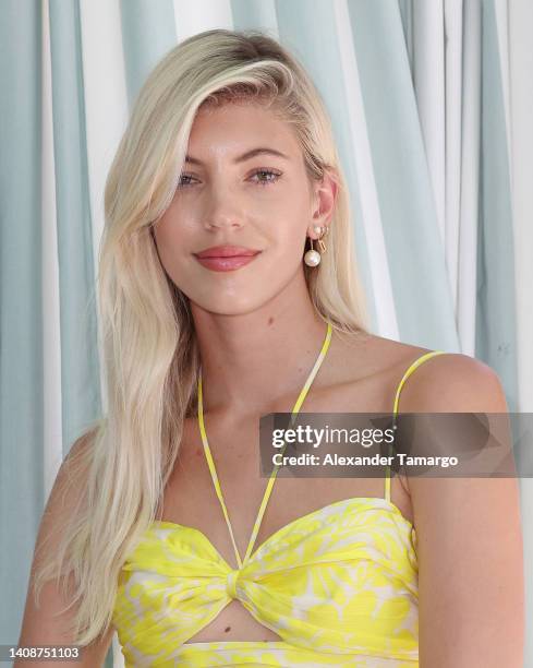 Devon Windsor is seen during CLD Miami Swim Week Gifting Experience at Strawberry Moon at Goodtime Hotel on July 14, 2022 in Miami Beach, Florida.