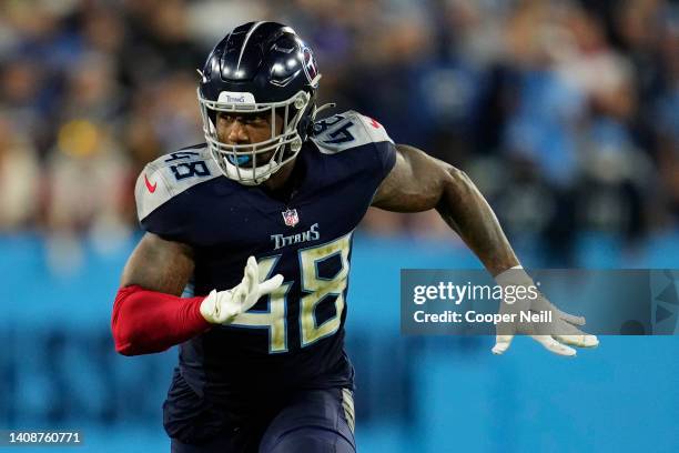 Bud Dupree of the Tennessee Titans rushes during to an NFL game against the Buffalo Bills at Nissan Stadium on October 18, 2021 in Nashville,...