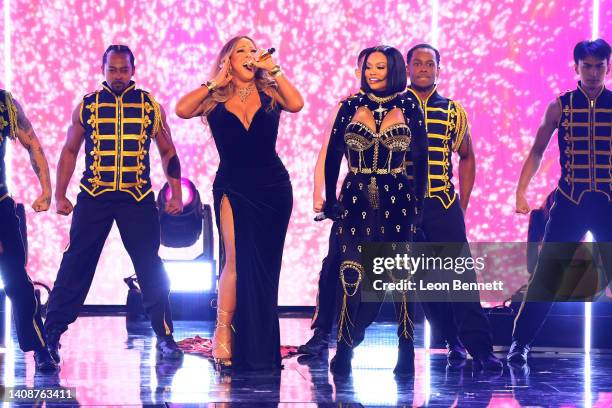 Mariah Carey and Latto perform onstage during the 2022 BET Awards at Microsoft Theater on June 26, 2022 in Los Angeles, California.