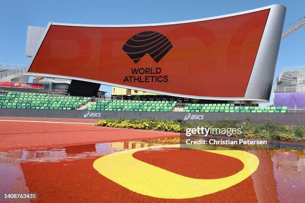 World Athletics" is displayed on the video board ahead of the World Athletics Championships Oregon22 at Hayward Field on July 14, 2022 in Eugene,...