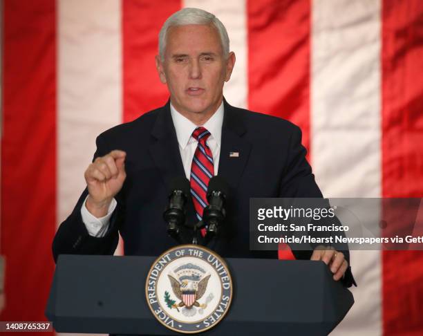 Vice President Mike Pence delivers a speech to employees at NASA Ames Research Center after touring the Vertical Motion Simulator and other sites at...