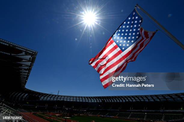 The American flag flies above Hayward Field on July 14, 2022 in Eugene, Oregon.