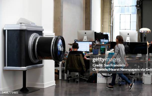 Large model of a camera is displayed at the new offices of Flickr on Fremont Street in San Francisco, Calif. On Wednesday, June 13, 2018. The photo...