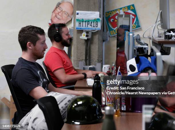 Jordan Sendar and Phil Dokas work in the new offices of Flickr on Fremont Street in San Francisco, Calif. On Wednesday, June 13, 2018. The photo...