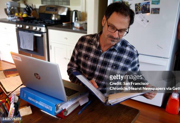 Will Cautero prepares to teach his 11th grade English class to Las Lomas High School students remotely from his home in Oakland, Calif. On Thursday,...