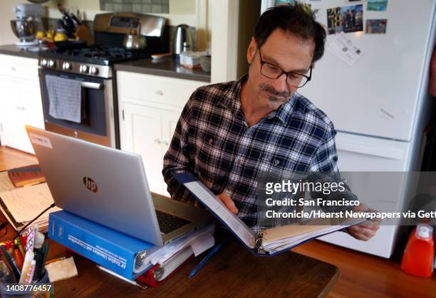 Will Cautero prepares to teach his 11th grade English class to Las Lomas High School students remotely from his home in Oakland, Calif. On Thursday,...