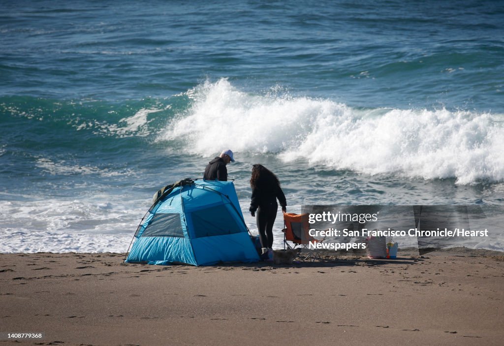 Visitors pitch a tent near the surf at Point Reyes Beach in Point Reyes National Seashore on Wednesday, Dec. 23, 2020. Point Reyes Beach is a popular spot for whale watching