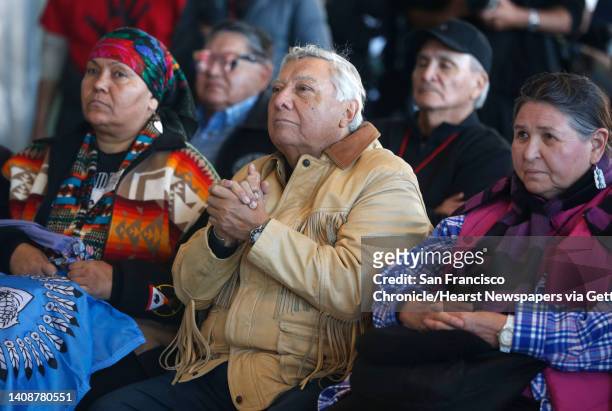 From left, Aurora Mamea, Jonathan Lucero and Sacheen Littlefeather attend a ceremony to commemorate the 50th anniversary of the Native American...