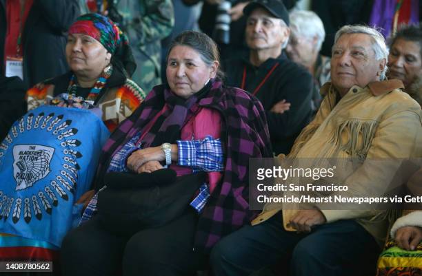 From left, Aurora Mamea, Sacheen Littlefeather and Jonathan Lucero attend a ceremony to commemorate the 50th anniversary of the Native American...