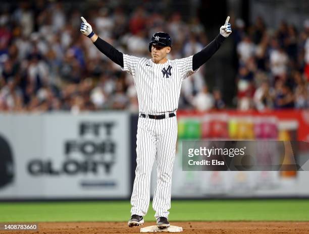 Anthony Rizzo of the New York Yankees celebrates his double in the sixth inning against the Cincinnati Reds at Yankee Stadium on July 14, 2022 in the...