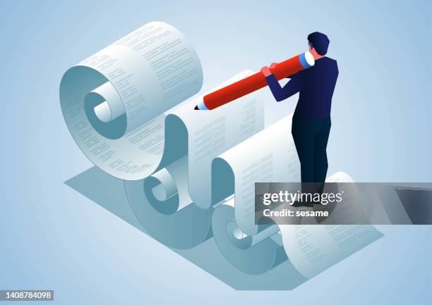 isometric businessman writing project report and plan, businessman holding pencil and writing while standing on scattered documents, paperwork - no fixed address stock illustrations