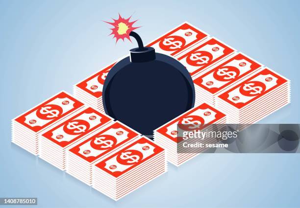 isometric money stack with a bomb inside, terrorism, financial risk and crisis, business or debt crisis - terrorist financing stock illustrations