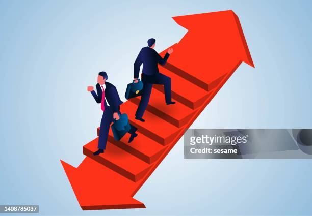 different choices and developments, one businessman chooses up arrow stair to go forward, another businessman chooses down arrow stair to go forward, up and down - man fallen up the stairs stock illustrations