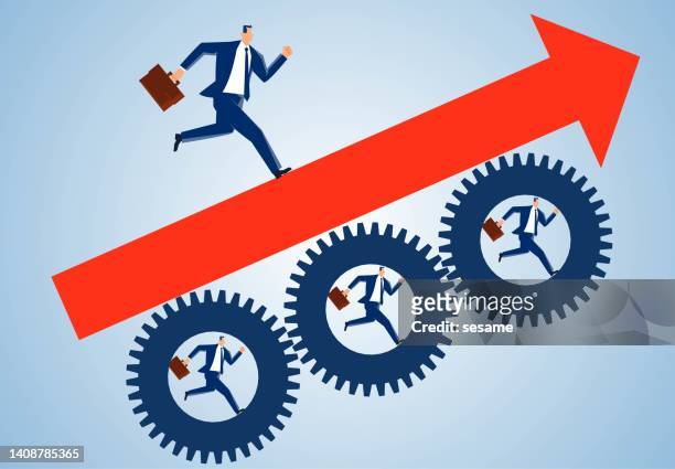 three small businessmen keep running in the gears to drive the big businessman to run upwards, the interests of the small businessman drive the interests of the big businessman - running gear stock illustrations