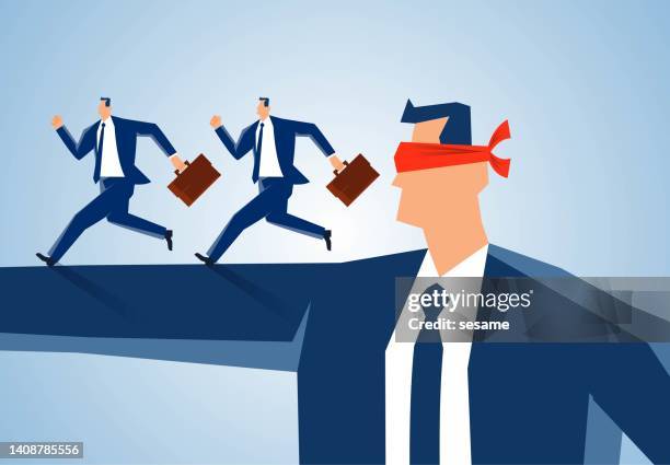 stupid and arrogant manager or boss blindfolded giving directions to small businessman, wrong direction and idea - looking backwards stock illustrations
