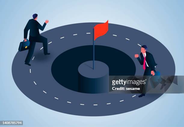 stockillustraties, clipart, cartoons en iconen met how to reach the goal isometric businessman running on a looping dead end road but can't reach his goal, business dead end, desperate situation, dead end - toxic employee
